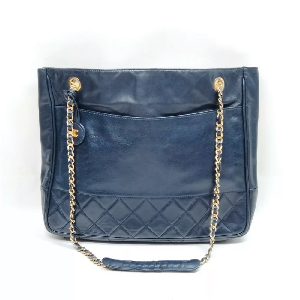 Chanel Navy Blue Lambskin Quilted Gold Chain Tote Bag